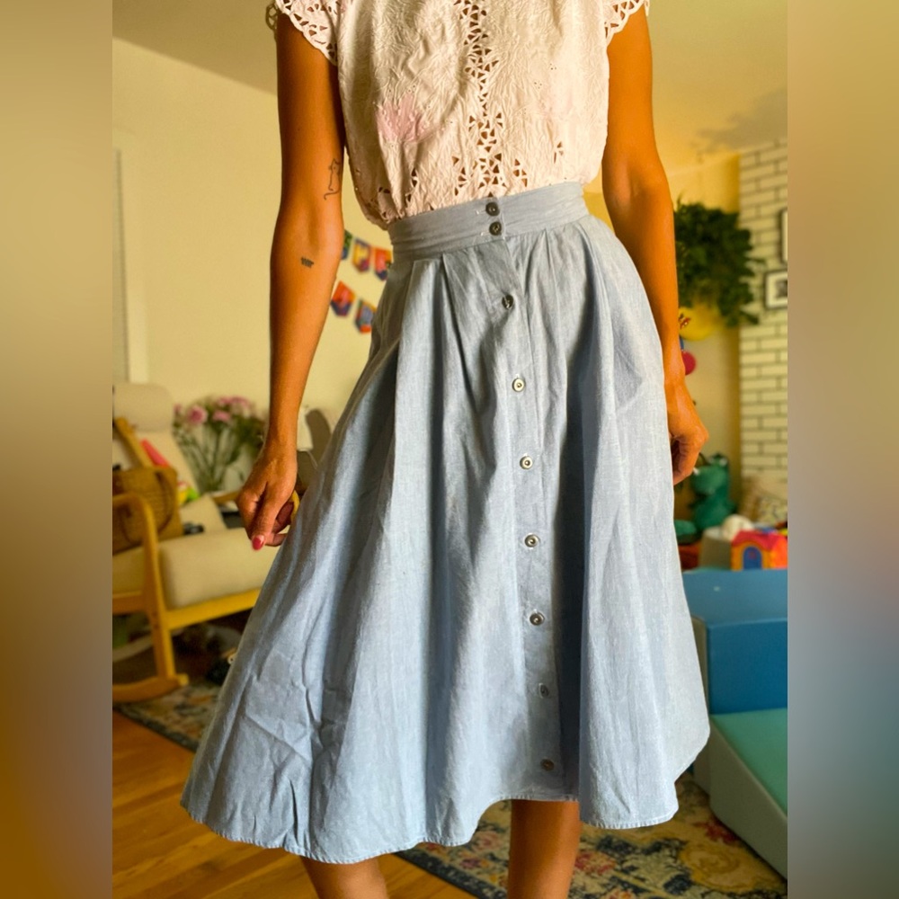 Vintage 80’s Chambray Skirt- Blue pleated midi